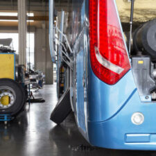 bus and truck waiting for service in the garage